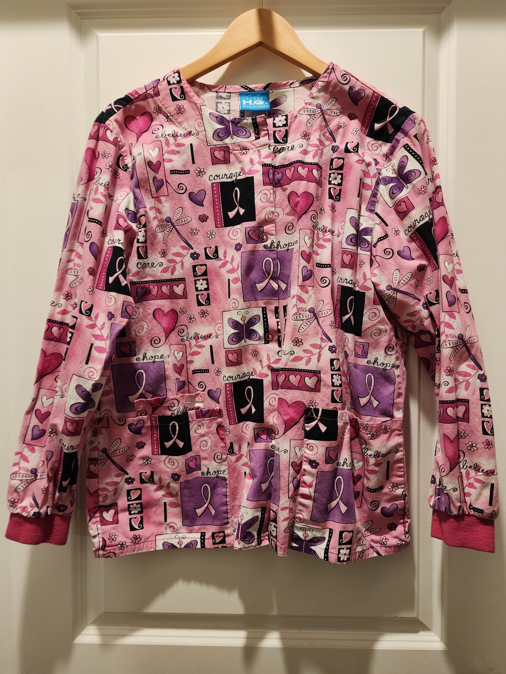 Pink Breast Cancer Awareness Scrub Button Top
